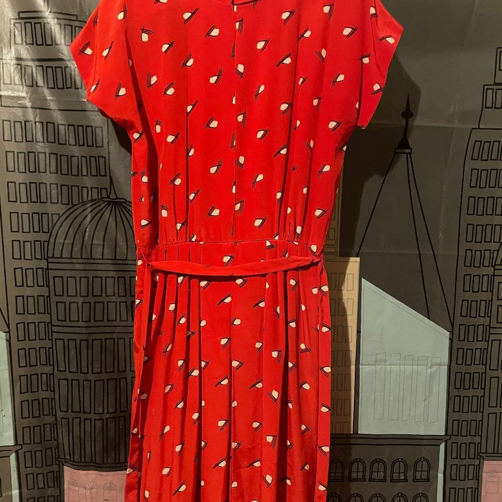 80's Vibrant Red Abstract Graphic Secretary Dress